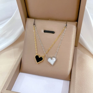 Minimalist Heart Pendant Necklace Titanium Steel With Mother Of Artificial Pearl Inlay Clavicle Chain Jewelry For Women