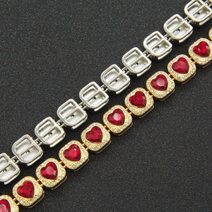 Hip hop style gold and silver square link bracelets with red heart-shaped gemstone charms