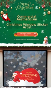 Detail of UV Christmas window stickers featuring Santa Claus and white snowflakes on glass