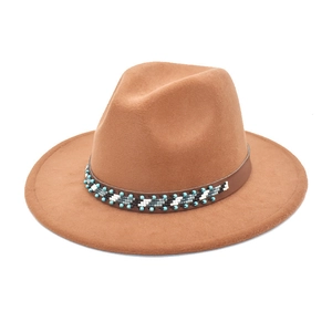 Chapeau fedora en laine marron avec ruban perlé ethnique et large bord pour adultes