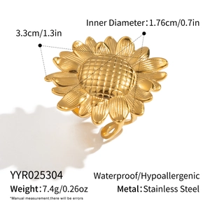 Detail view showing dimensions of golden sunflower stainless steel adjustable ring