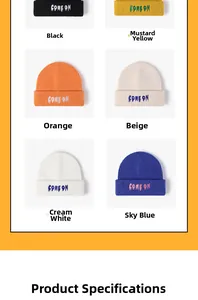 Detail view of 6-color knit beanies with COME ON letter embroidery in a grid
