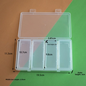 Detailed view of clear plastic organizer box with 4 rectangle compartments and dimensions