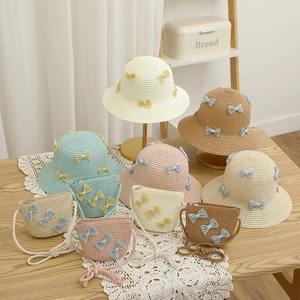 Kids woven straw hat and mini crossbody bag set with lace bow in various colors