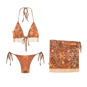 Women Halter Bikini And Mesh Tassel Skirt 3D Floral Applique Sequin Marble Print Beachwear Vacation