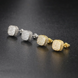 Hiphop square cz stud earrings in gold and silver finish with secure screw back