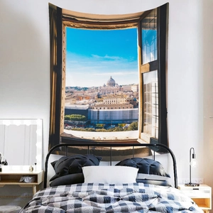 Detailed 3D landscape wall tapestry showing realistic window view of a classic European dome