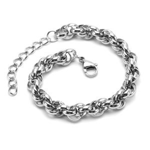 Detailed view of silver stainless steel chain bracelet with lobster clasp and extender