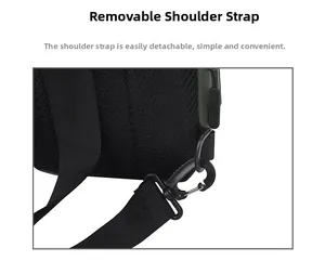 Detail of detachable nylon shoulder strap with swivel hook on breathable mesh backpack