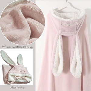Wearable Hooded Blanket Cloak Soft Double Layer Flannel Lamb Wool Warm Nap Cape Cute Rabbit Ears For Women Girls