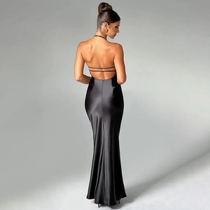 Elegant black backless V-neck satin maxi dress with spaghetti straps and slim fit