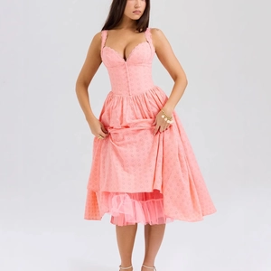 Robe Midi En Broderie Anglaise Rose À Bretelles Corset À La Taille Boutons Sur Le Devant Doublure En Mesh Élégante Femme