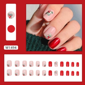Short square red Christmas press-on nails with holly berry designs and glitter, 24 count
