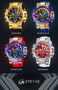 Four sport watches in black gold, blue, red, and silver white with 50M water resistance