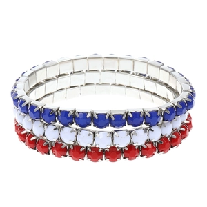 Red white blue resin rhinestone stretch bracelet 3-piece set with silver-tone metal base