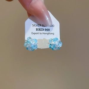 Macro shot of S925 silver flower stud earrings with blue crystals on a display card