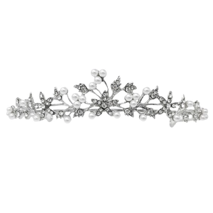 Elegant silver crown for brides featuring white pearls and sparkling rhinestone floral patterns