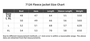 Size chart for fleece-lined sports jacket showing bust, length, and sleeve measurements