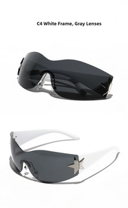 Detail of Y2K rimless shield sunglasses featuring white temples and silver star accents