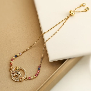 Gold adjustable leopard bracelet with colorful gemstones and pavé zircon pendant