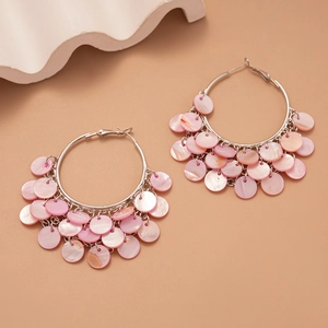 Bohemian Pink Shell Disc Tassel Hoop Earrings With 925 Sterling Silver Earring Post Copper Style For Women