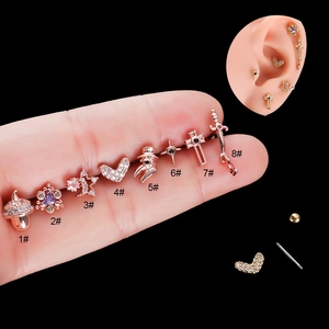 Set of 8 stainless steel cartilage studs in silver and rose gold with zircon stones