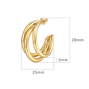 Triple layer C-shaped gold stainless steel earrings with 28mm by 25mm dimensions