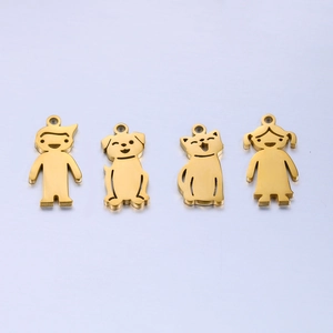 Polished gold stainless steel charms in boy, girl, cat, and dog shapes for DIY jewelry