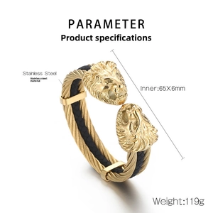 Detailed view of lion head stainless steel cable bracelet with 65x6mm dimensions