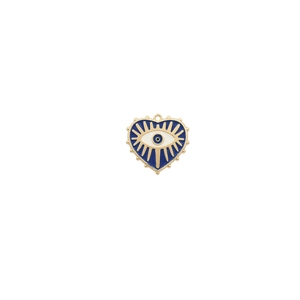 Detail of blue heart enamel pendant with golden eye motif and metallic beads