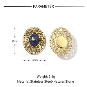 Detail view of 19mm gold stainless steel oval pendant with blue natural stone