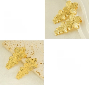 Detailed views of gold-plated flower stud earrings with radial texture and polished finish