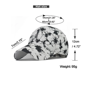 Tie-dye cotton baseball cap specifications with dimensions showing brim and head size