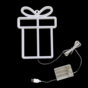 Detail of white gift box LED neon sign showing the transparent battery box and USB cable