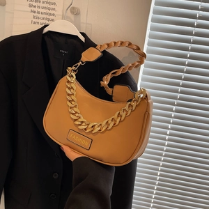 Camel half-moon shoulder bag with thick gold chain and woven leather handle