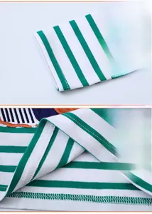 Detailed view of stitching on green and white striped cotton knit long sleeve shirt