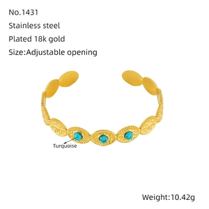 18K gold plated stainless steel open bangle with vintage blue turquoise gemstone accent