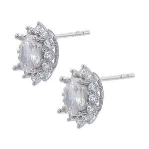 Detail of silver halo stud earrings featuring oval-cut cubic zirconia and micro-pave setting