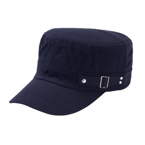Classic navy blue flat top military cap with side metal buckles and silver studs