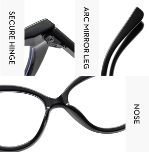 Detailed view of secure hinge, arc mirror legs and integrated nose pad on TR90 cat eye frame