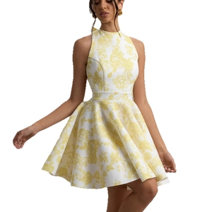 Summer sleeveless white halter neck dress featuring vibrant yellow floral print patterns