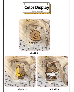 Detailed color display of three clear Capybara crossbody bags with khaki straps