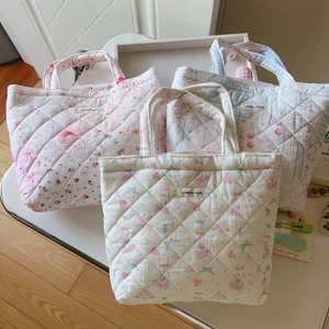 Floral Quilted Handbag Cotton Padded Sweet Fresh Style Tote For Women Daily Travel Breakfast Bento Small Cloth Bag