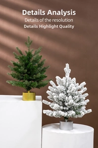 Detailed view of mini Christmas trees with snow flocking and metal musical bases