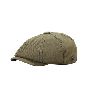 Vintage khaki green newsboy cap in twill fabric with top button and metal side emblem