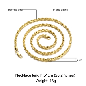 Detail view of 3mm gold stainless steel twist chain with size and weight annotations