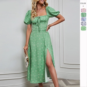 Blumendruck Midi Kleid Polyester Puffärmel Eckiger Ausschnitt Hoher Schlitz Französisches Retro Damen Sommer