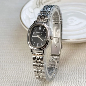 Elegant silver quartz watch for women with oval black dial and stainless steel mesh strap
