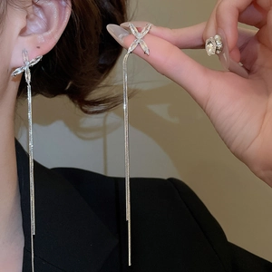 Vue détaillée des boucles d'oreilles argentées en zircon X avec pampilles longues