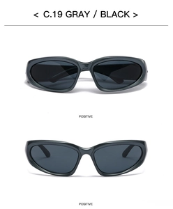 Detailed front view of gray and black sports cycling sunglasses with dark lenses